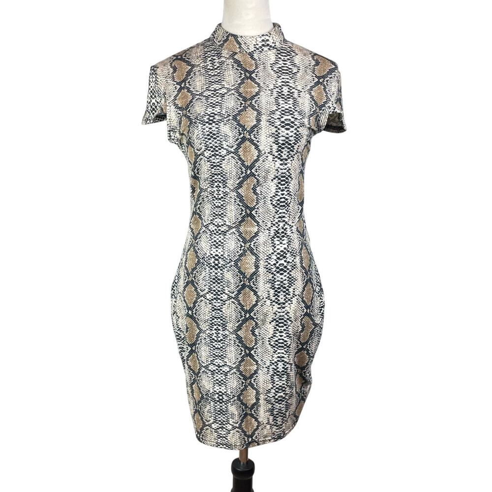 I.AM.GIA Snakeskin Form Fitting Short Cap Sleeves Band Collar Zip Up Mini Dress